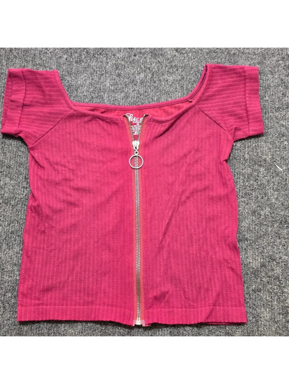 Suzette Collection Womens OS Red Ribbed Full Zip Up Short Sleeve Crop Top Shirt